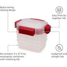 Juego recipientes almacenamiento alimentos plástico 8 piezas sin BPA tapas herméticas prueba fugas diseño práctico rojo - Rojo - Ver 1