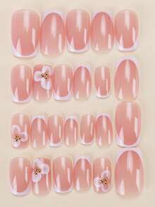 24片装按压式美甲贴片，短方形/法式美甲，花卉图案搭配金色珠饰，提升您的气质/附赠果冻胶和粘贴条，适合聚合粘贴，可重复使用，日常必备 - 彩色 - 查看 2