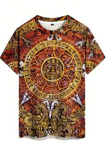 Men's Maya-Inspired 3D Print T-Shirt - Full-Body /Mayan  Patterns (Feathers, Gods, Calendar Glyphs) - Soft Breathable Polyester, Plus Size Available, Short Sleeve Crew Neck Tee For Mayan Culture Enthusiasts, Parties & Travel, PLUS SIZE - Nhiều màu - Xem 3