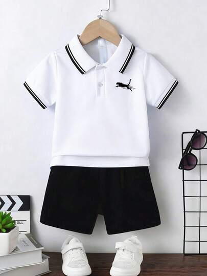 Boys' Casual Colorblock Lion Print Short Sleeve Polo Shirt, Summer Holiday