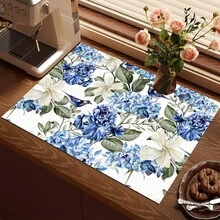 1 pieza Estera absorbente con estampado floral azul para cafetera, platos - Estera protectora absorbente de poliéster para encimera de cocina con respaldo de goma antideslizante, para decoración de cocina, bar en casa y mesa de comedor - Multicolor - Ver 7