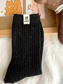 A Pair Of Solid-Colored Mid-Calf Socks For Women, Casual, Breathable And Fashionable Socks, Ankle Socks And Pantyhose For Women, Warm Winter Socks, Rabbit Pattern Design, Suitable As Gifts - trắng - Xem 5