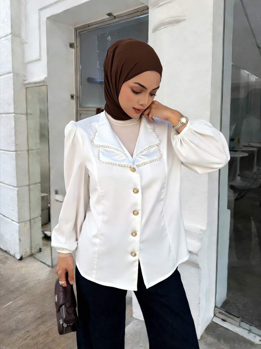 DAZY Pearls Beaded Lantern Sleeve Button Front Satin Blouse,Long Sleeve Tops,Fall Clothes - White - View 1