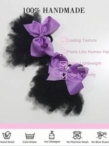 2条装儿童蓬松马尾辫，柔软马尾辫，带弹性蝴蝶结夹，女孩耐热假发 - 自然黑 - 查看 6