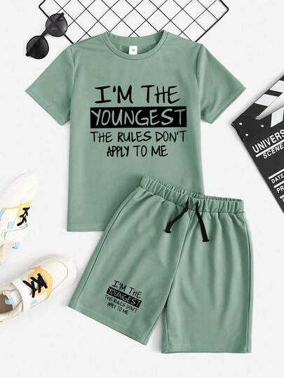 2pcs/Set Boys' Letter Print T-Shirt And Drawstring Waist Shorts Set