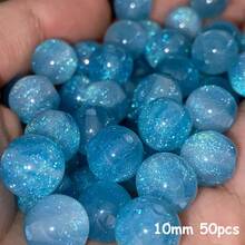 50颗10毫米湖蓝色闪亮珠子 - 合成圆形珠子，带有虹彩闪光，适合制作珠宝、手链、项链 - 母亲节DIY手工材料，珠宝制作珠子 - 湖藍色 - 查看 5