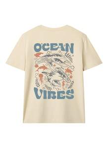 Summer Women's Ocean Beach Shark, Dolphin, Turtle, Jellyfish, Starfish Letter Print Round Neck Beige Short Sleeve T-Shirt, Casual Loose Functional Vacation Style Top, Suitable For Vacation And Fashionable Summer Wear - Apricot - View 2