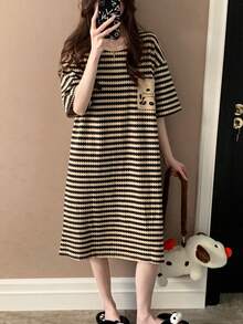 女士条纹口袋短袖睡袍，圆领套头休闲家居服，春夏款 - 卡其色 - 查看 5