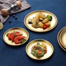 Wiederverwendbare Speiseteller aus gebürstetem Metall, Edelstahlteller, langlebige Metallteller für Picknick, Grill, Steak (Gold), 12 Stück-2585 - Gold - Übersicht 8