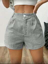 short listrado  feminino com bolço botao zipe edeal para dia dia