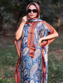 一套女士春夏新款仿丝印花沙滩度假比基尼罩衫披肩，缎面睡袍+头巾，适合旅行和日常使用 - 彩色 - 查看 4