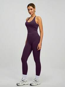 1 Set Women's Elastic Spaghetti Strap Criss-Cross Back Elastic Camisole And Pants Sports Suit - Purple - View 5