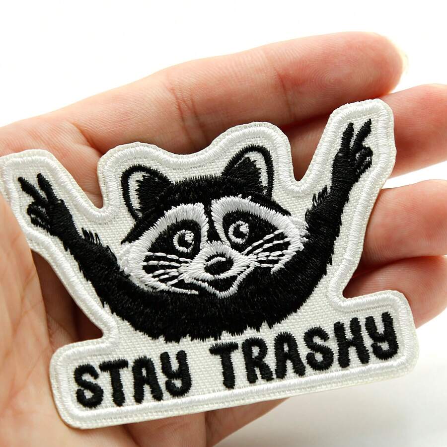 1Pc Stay Trashy Iron On Patches, Funny Meme Raccoon Patches For Trucker Hat, Backpacks, Funny Animals DIY Appliques For Clothes, Vests, Jackets, Jeans - Black and White - View 1