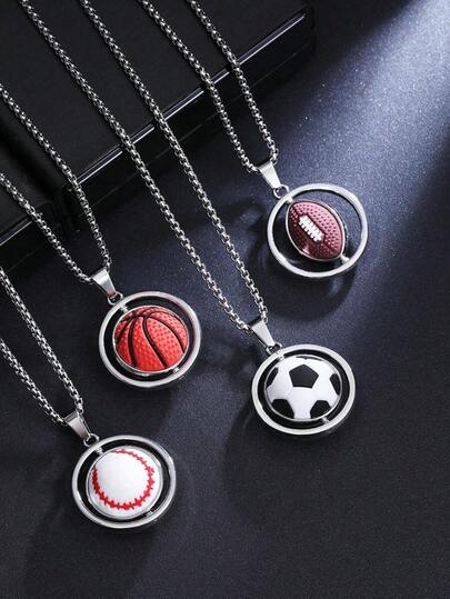 1pc New Rotatable Football Pendant Necklace, Unisex Sports Lover Commemorative Gift, Casual Stainless Steel Basketball, Tennis, Rugby Series Accessories, Suitable For Men's Daily Wear