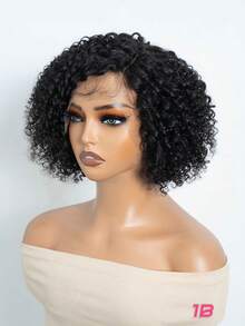 短款非裔蓬松卷曲人发波波头假发，带刘海，100%真人发假发，前蕾丝假发，深色发根，10英寸卷曲波波头假发，预先拔毛，150%密度，蕾丝前片，蕾丝区域尺寸为11*4*0.5英寸。送给妈妈的礼物，送给亲朋好友的礼物。