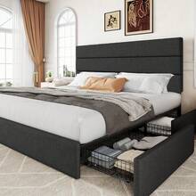 Base Cama Tapizado Con 4 Cajones Queen Size 210*157*112cm Gris Oscuro - Gris Oscuro - Ver 4