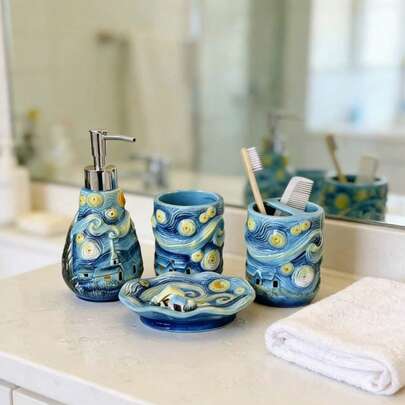 Ceramic Hand-Painted Van Gogh Starry Sky Bathroom Set, Includes Lotion Bottle, Soap Dish, Rinse Cup, Toothbrush Holder, Unique Bathroom Countertop Decor And Ornaments