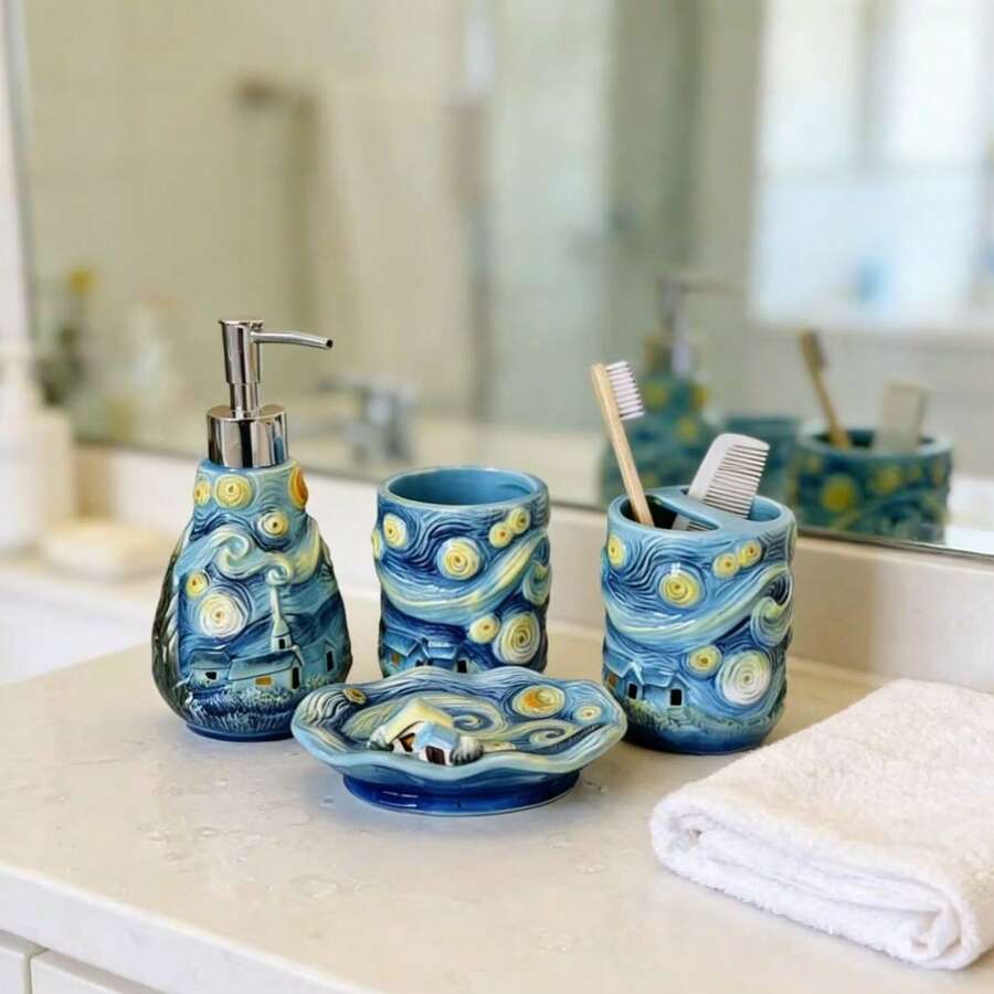 陶瓷手绘梵高星空浴室套装，包括乳液瓶、皂碟、漱口杯、牙刷架，独特的浴室台面装饰摆件 - 彩色 - 查看 1