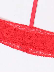 Women's Red Sexy Open Crotch Lace Patchwork Garter Belt And Thong Panty Set - Red - View 5