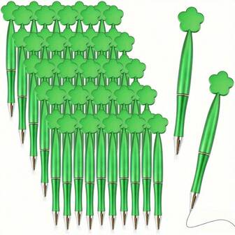 12pcs St. Patrick's Day Clover Shaped Ballpoint Pens - Green Plastic Material With Gold Decor, Suitable For Office, School And Party Favors, Party Stationery | Writeable Pen Design | Plastic