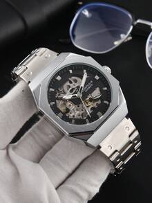 LONGLUX 1pc Men's Automatic Mechanical Watch, Hollow Carved Movement, Steel Strap, Casual & Business, Elegant - Black - View 3