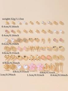 Bộ 30 đôi trang sức thường ngày các loại, thích hợp cho đi biển, dự tiệc, hoạt động ngoài trời, bao gồm các kiểu bông tai hình hoa, tròn, trái tim, nơ, ngọc trai giả và đính đá cho nữ. - Vàng - Xem 5