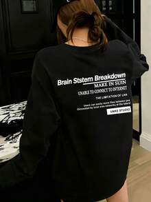 Letter Graphic Print Black Round Neck Long Sleeve T-Shirt For Women, Loose Design Versatile Top, Spring/Autumn