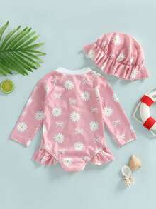 Baby Girl Swimsuit Long Sleeve One Piece Swimsuit Romper With Hat Baby Girl Bathing Suit Infant Beach Rash Guard - 粉色 - 查看 2