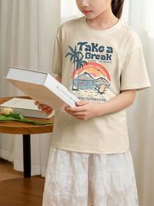 Tween Girls' Casual Apricot Printed Round Neck Short Sleeve T-Shirt, Summer Top - Apricot - View 2