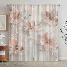 2pcs White & Gold Floral Pattern Curtains, Suitable For Bedroom, Office, Kitchen, Living Room And Study, Rod Pocket Design, For Home And Room Decor, Decorative Curtains, 2D Flat Print, Good Light Transmission, 90g/M² - Multicolor - View 16