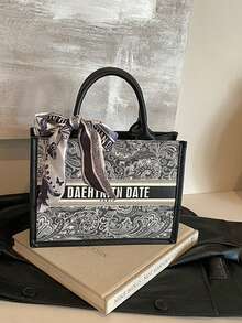 (28cm*20cm*10cm) Bolsa Feminina da Moda, Grande Capacidade, Formato Quadrado, Leve, Decoração de Lenço Requintada, Material Resistente a Arranhões e Abrasões, Adequada para Compras, Encontros, Reuniões, Transporte, Padrão de Letra, Elegante Bolsa Tote Casual Minimalista para Senhoras