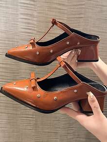 Mules à talon épais et bout fermé pour femmes, sandales sans contrefort, nouveautés à la mode printemps/été 2025 - Tabac - Voir 3