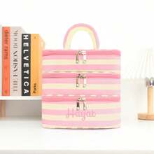 1 pieza (bordado personalizado) Bolsa de viaje para cosméticos de terciopelo con estampado de lazo rosa, bolsa para toallas sanitarias, artículo esencial para viajes cortos, set organizador de viaje, set de cubos de embalaje, set organizador de equipaje, útiles escolares, artículos esenciales para dormitorio - Multicolor - Ver 8