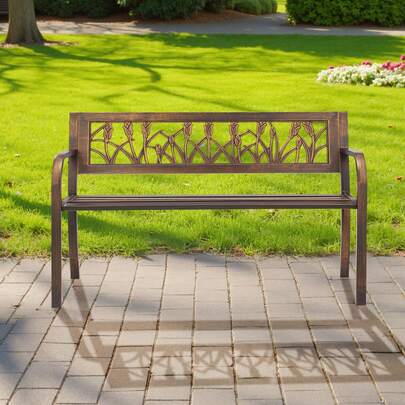 Outdoor Bench, 50 Inch, Carbon Steel Metal Frame With PVC Floral Pattern Backrest And Round Edge Armrests, Weatherproof Outside Bench For Patio, Garden, Park, Yard, Front Porch, Antique Bronze