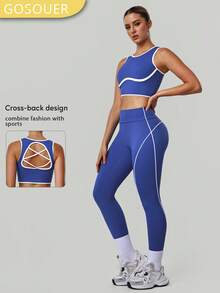 2 piezas Conjunto deportivo para mujer con bloques de color, sujetador deportivo con espalda descubierta de alta intensidad y leggings de yoga de cintura alta, ropa deportiva para todas las estaciones - Azul - Ver 3