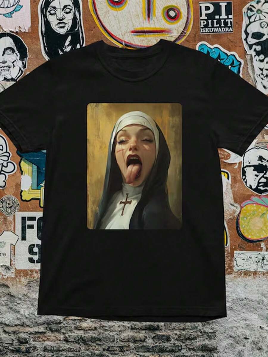 Rebellious Nun T-Shirt: Edgy Gothic Religious Art Unisex Tee - 黑色 12 - 查看 1