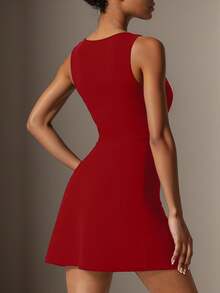 Elegant Red Suspender Dress, Square Neck Dignified A-Line Sleeveless Off-Shoulder Short Slit Dress, Summer New Arrival - Red - View 3