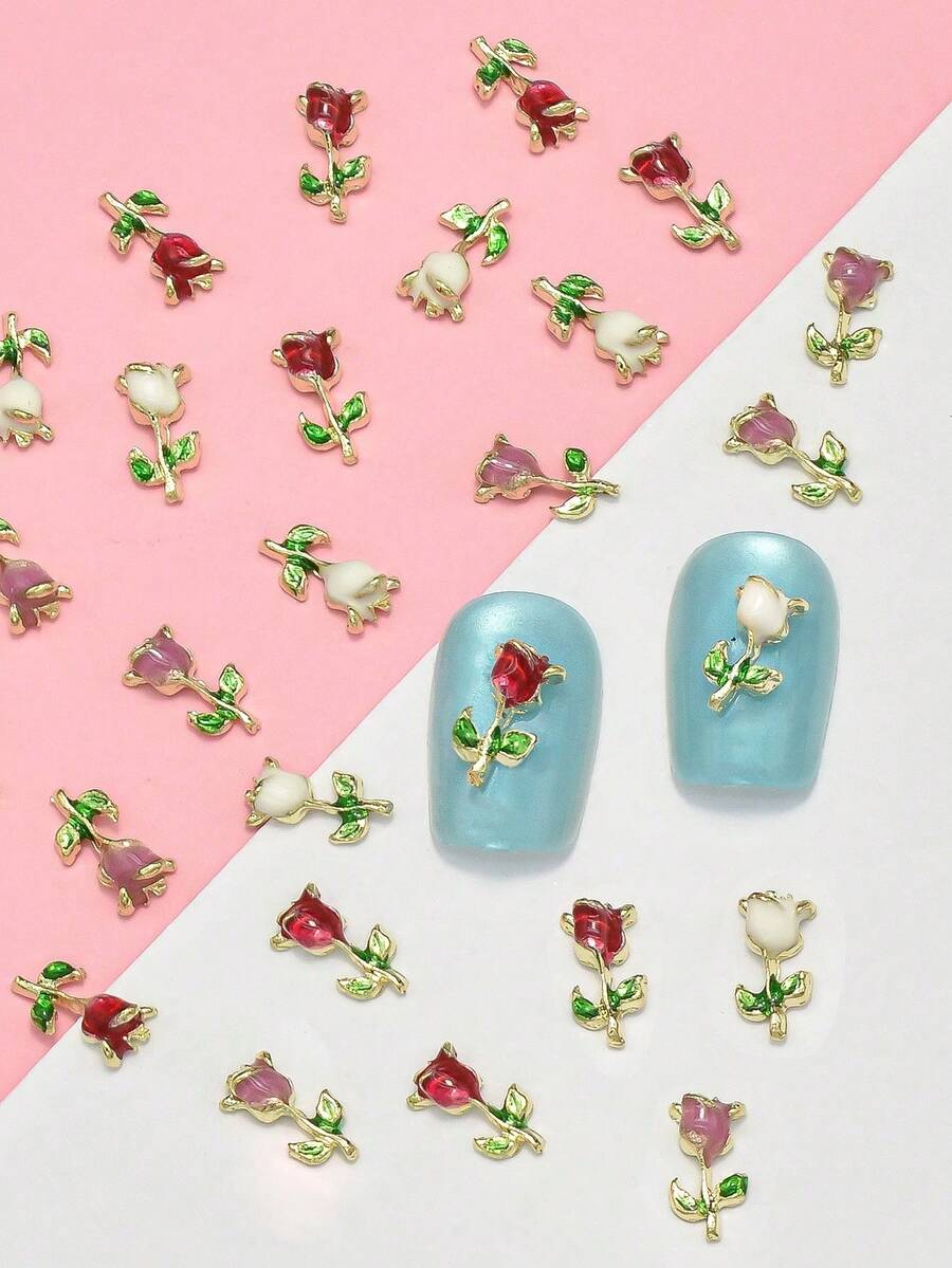 10 قطع زخرفة أظافر على شكل وردة صغيرة، سحر وردة مينا بتصميم بسيط، اكسسوارات تزيين الأظافر DIY