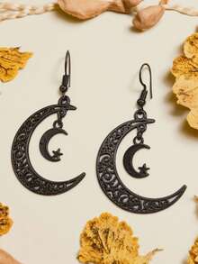 一对复古镂空月亮五芒星设计耳环，时尚复古五芒星月亮耳环 - 彩色 - 查看 6