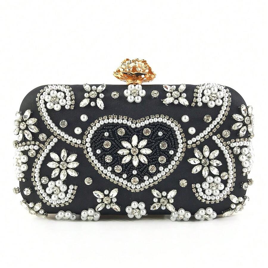 Evening Clutch Bag, Hand-Embroidered With Pearls And Rhinestones, Women's Shoulder Bag. - 黑色 - 查看 1