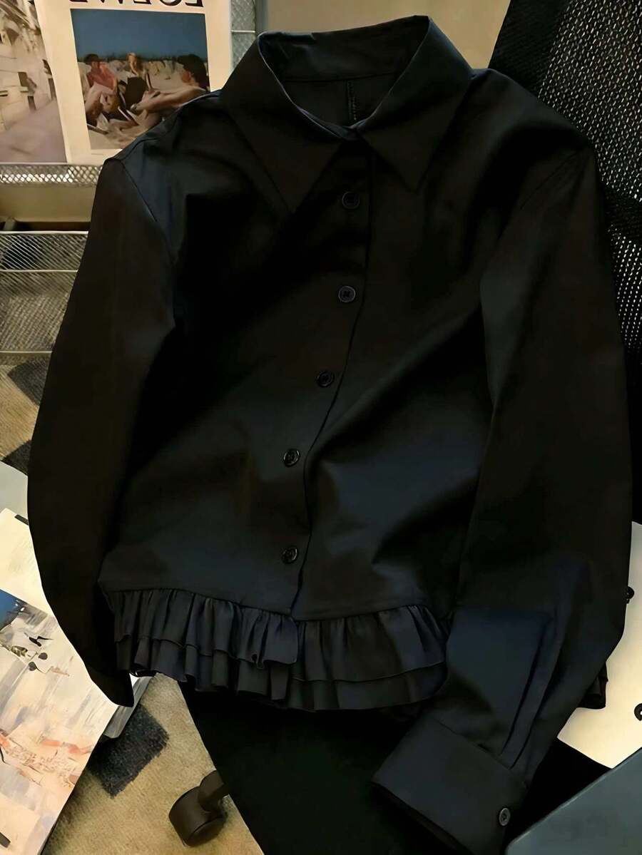 Women's Solid Color Turndown Collar Single-Breasted Ruffle Hem Fashionable Versatile Commuting Long Sleeve Shirt Black Spring - Black - View 1