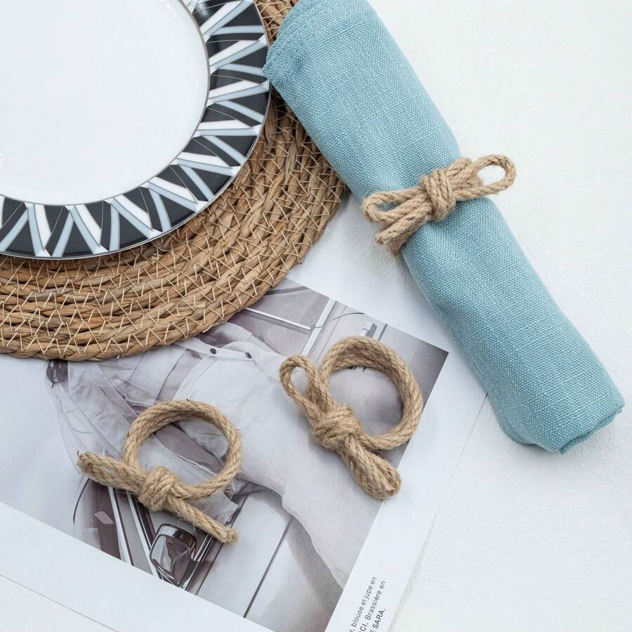 2/4/6/8/12pcs Jute Rope Bow Napkin Rings, Handmade Rustic Linen Napkin Holders, Suitable For Wedding, Party, Birthday, Dinner Table, Christmas, Thanksgiving, Home And Outdoor Dining Decor, Bridal Shower, Farmhouse Style Valentine's Day - Multicolor - View 1