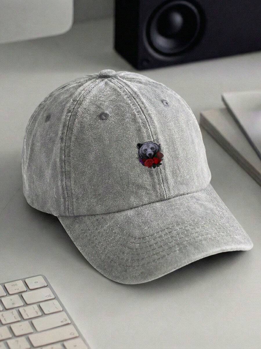 Washed Cotton Baseball Cap Featuring A Charming Bear & Roses Embroidery, Distressed Vintage Wash, Unisex Streetwear Style, Perfect For Daily Chill, Office Vibe, Or As A Cool Gift – Lightweight, Adjustable Strap, Y Dad Hat For Summer & Casual Outfits. - 駝色 - 查看 1
