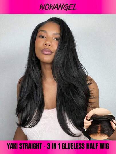 WOWANGEL Yaki Straight Half Head Wig, Elastic Fit, Invisible 3-In-1, Flip Drawstring Design, 200% Density, Glueless Wig, 100% Human Hair, Natural Black, Ready To Wear, Headband Wig, Suitable For Women, 18-26 Inches, Easy To Wear, Suitable For Women - Natural Makeup Effect, Daily Wear, Office, Halloween Party, Y2K Rebel Girl, Vacation, Outdoor Role Play, School, Festivals, Christmas, Parties, Weddings, Celebrations