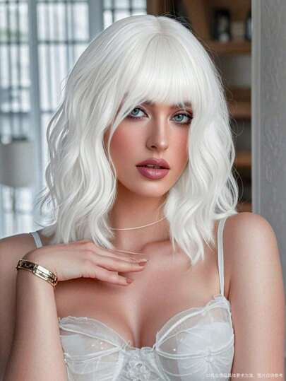 White Synthetic Short Roll Wave Wig, Medium To Long With Wavy Bangs, Fluffy And Breathable, Suitable For Women's Daily Fashion, Charming Cosplay Party Wig, Anime Wig, Costume Wig, 14 Inch Easy To Wear