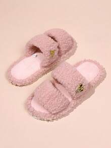 Pantuflas abiertas de plumón con decoración de corazón minimalista y elegante, suela suave y cómoda, ligera, adecuada para sala de estar y dormitorio, para todas las estaciones - Rosa - Ver 3