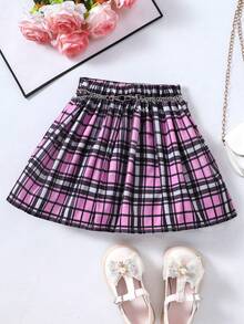 Young Girl Summer College Style Plaid Pleated Mini Skirt - Hot Pink - View 3