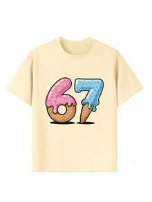 Tween Girl Ice Cream Cartoon "67" Print T-Shirt, Soft And Comfortable Fabric, Fashionable Summer Top, Suitable For Daily, Streetwear, And School Wear - Apricot - View 7