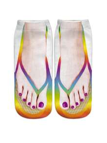 1/2/4双装3D人字拖袜，趣味新奇男女通用短袜，女士长筒袜 - 彩色 - 查看 9