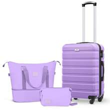 三件套登机行李箱：20英寸航空认证硬壳行李箱，带静音万向轮+手提袋+洗漱包，轻便旅行套装，适用于飞机、商务、休闲旅行、短途旅行和日常使用。行李箱、拉杆箱、万向轮行李箱、旅行箱、旅行箱、行李箱、带轮登机箱、旅行必备、耐用、男女通用、度假、商务出行、大容量、旅行必备、旅行配件、旅行收纳、旅行用品 - 紫色 - 查看 1